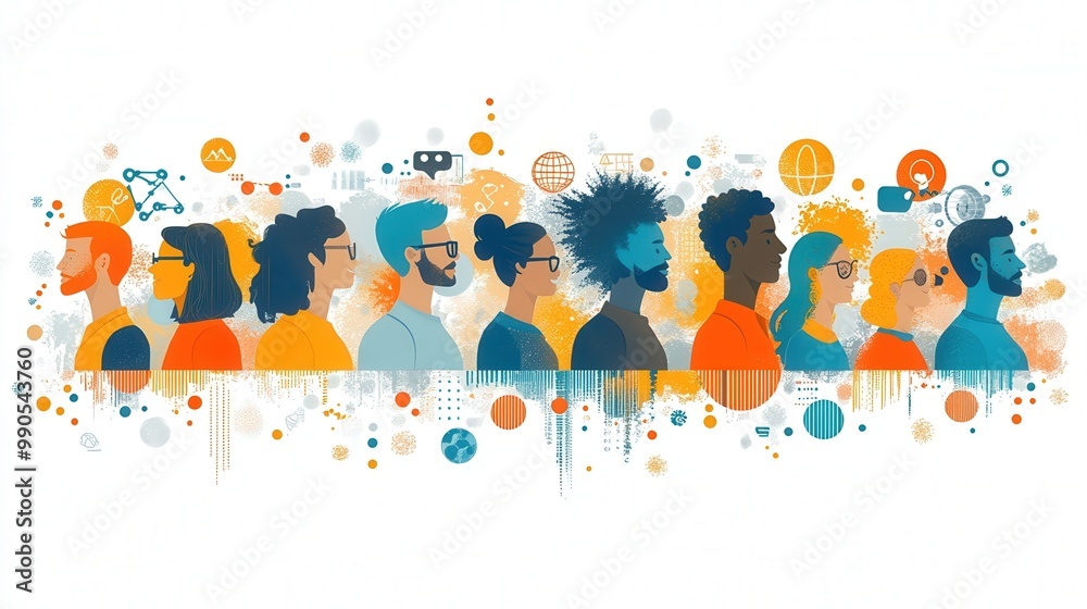 Fototapeta premium An abstract illustration of people from different cultures and backgrounds working together, symbolizing global collaboration and teamwork.