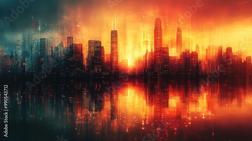 An abstract illustration of a cityscape morphing into a futuristic digital landscape, representing the transition to digital technologies and innovation.