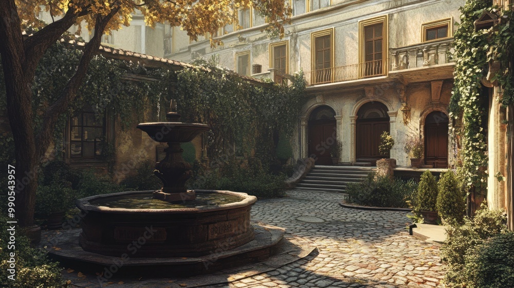A shot of a traditional European courtyard, with cobblestone paths, fountains, and surrounding classical buildings. A shot of a traditional European courtyard, with cobblestone paths, fountains, and surrounding classical buildings.