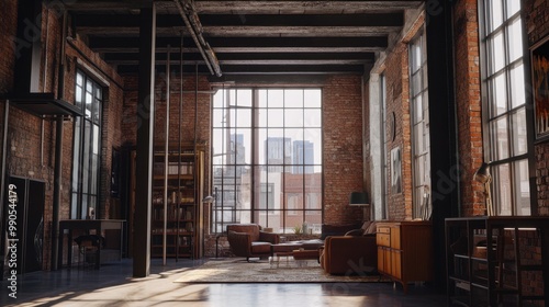 A shot of an industrial loft apartment interior, with exposed brick walls, metal beams, and large windows.