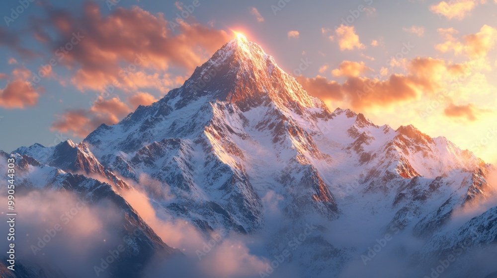 A snowy mountain peak illuminated by the bright, early morning sunlight. A snowy mountain peak illuminated by the bright, early morning sunlight.