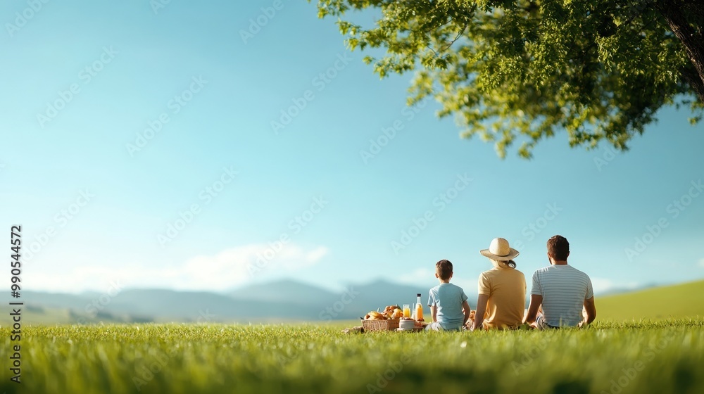 A serene family enjoying nature together in a lush green field, surrounded by mountains under a clear blue sky. A serene family enjoying nature together in a lush green field, surrounded by mountains under a clear blue sky.