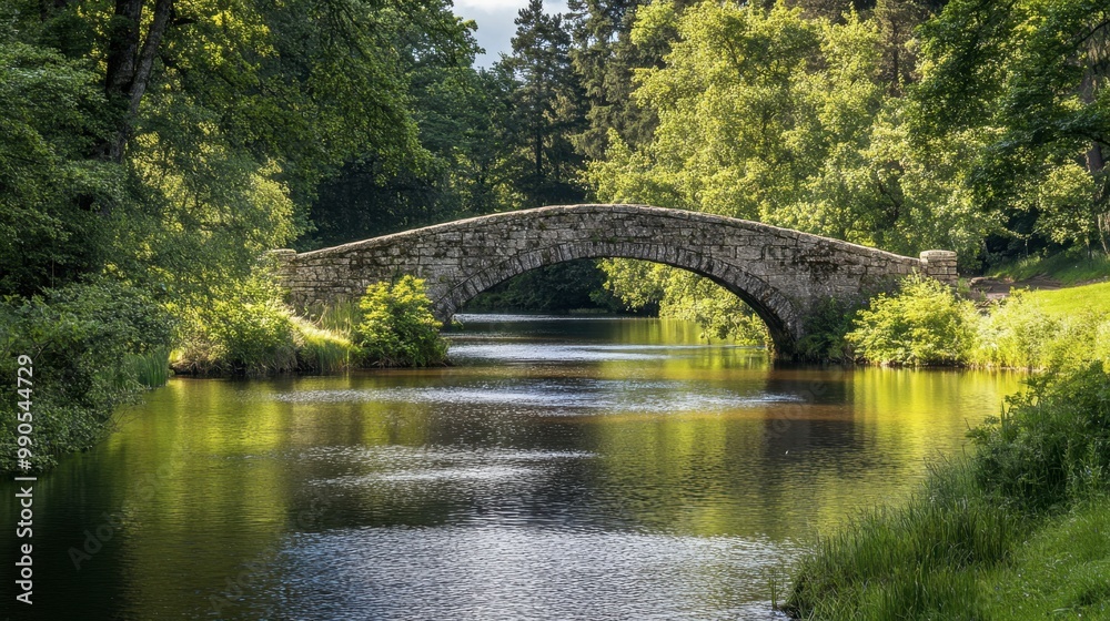 A view of an old stone bridge crossing a serene river, with surrounding trees and greenery reflecting in the water. A view of an old stone bridge crossing a serene river, with surrounding trees and greenery reflecting in the water.