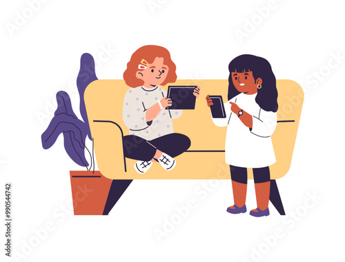 Illustration of little girls sitting on a sofa with a phone and a tablet.