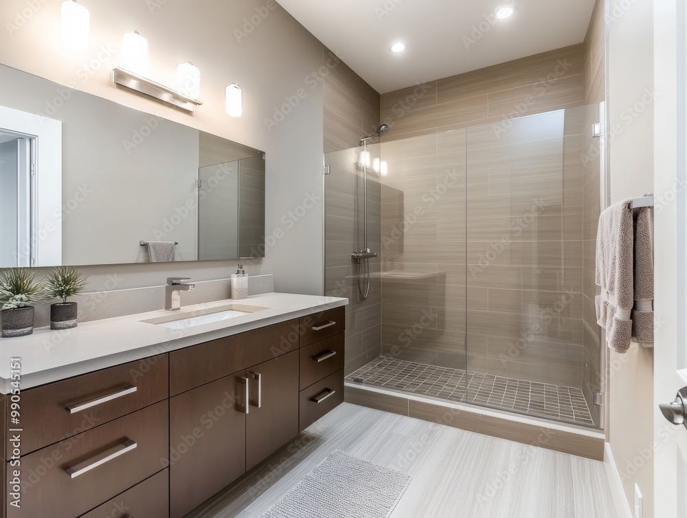 Large format tiles, walk-in shower with rainfall showerhead, floating vanity with integrated sink, and sleek chrome fixtures Large format tiles, walk-in shower with rainfall showerhead, floating vanity with integrated sink, and sleek chrome fixtures