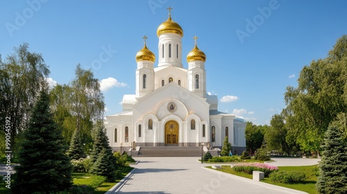 A breathtaking view of Nikolai Orthodox Church with golden domes under a clear blue sky, surrounded by lush greenery and vibrant flowers