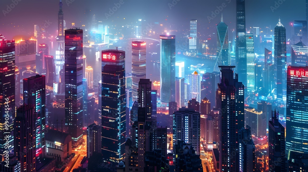 Vibrant City Skyline at Night with Neon Lights