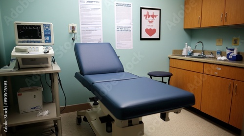 A medical examination room with a treatment table and monitoring equipment.