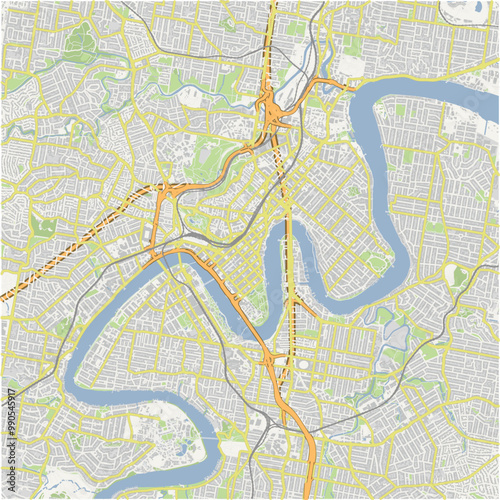 Map of Brisbane center in Australia in a normal road map style. Contains layered vector with roads water, parks, etc.