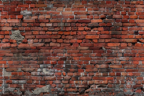 Photo of Old cracked red brick wall from industrial area. Background texture for backdrops or mapping