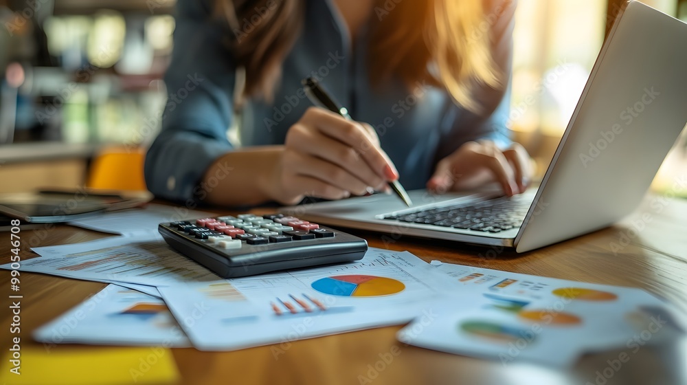 Businesswoman Working on Financial Reports and Laptop Businesswoman Working on Financial Reports and Laptop