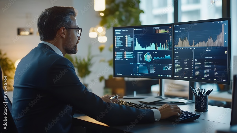 Businessman Analyzing Data on Dual Monitors in Office Businessman Analyzing Data on Dual Monitors in Office