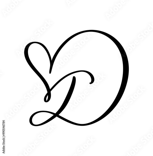 Calligraphy hand drawn vector love letter D. Vintage heart monogram. Script capital font logo. Handwritten brush style. element Valentine flourish. sign for page decoration design illustration