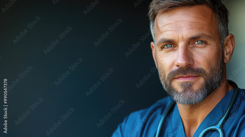 A healthcare provider with a beard and blue scrubs looks attentively at the camera, ready to serve patients in a medical environment A healthcare provider with a beard and blue scrubs looks attentively at the camera, ready to serve patients in a medical environment