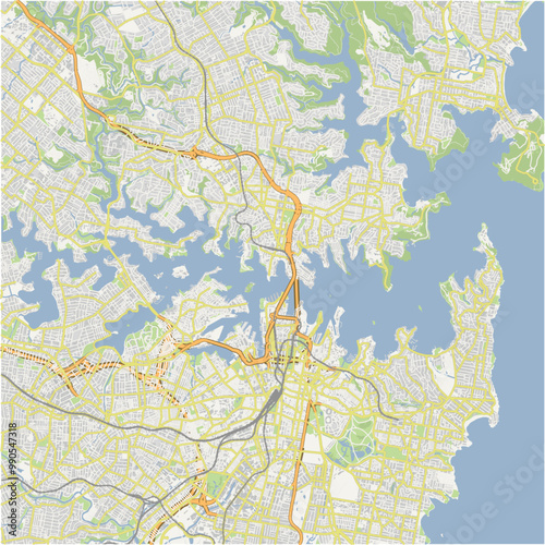 Map of Sydney Harbour in Australia in a normal road map style. Contains layered vector with roads water, parks, etc.