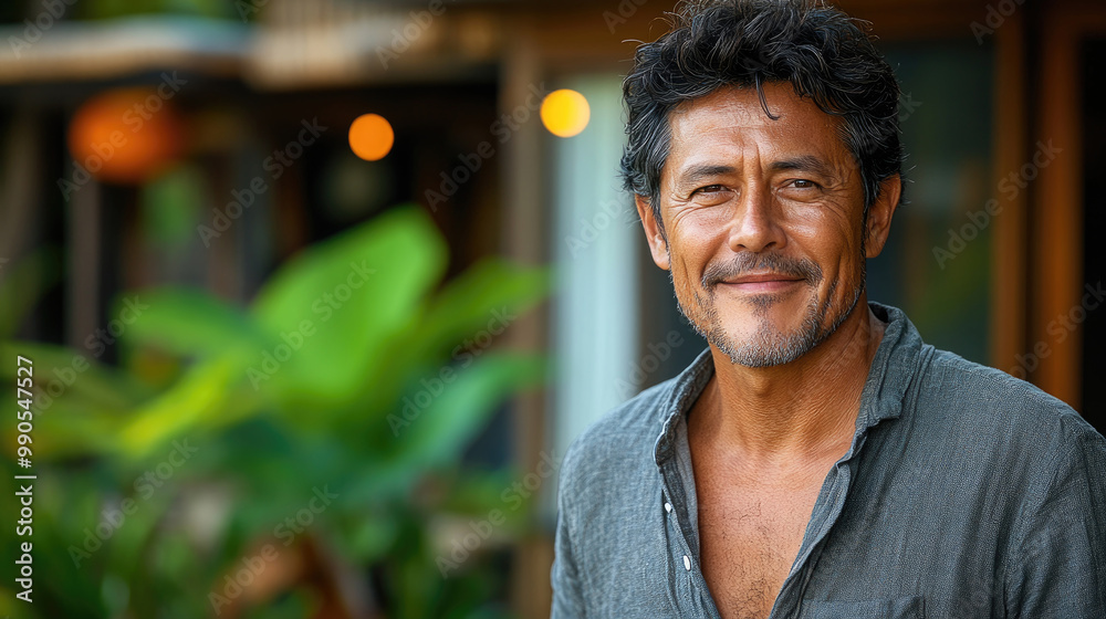 The man enjoys a relaxed moment amidst vibrant vegetation, radiating charm while engaging with friends in a tropical setting The man enjoys a relaxed moment amidst vibrant vegetation, radiating charm while engaging with friends in a tropical setting