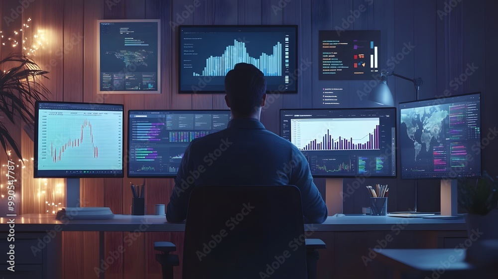 Data Analyst Working with Multiple Monitors at Night Data Analyst Working with Multiple Monitors at Night