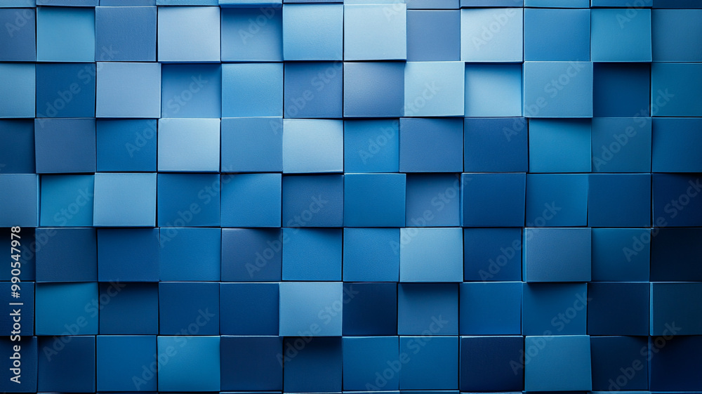 A textured blue wall composed of various shades of blue square tiles for interior decoration A textured blue wall composed of various shades of blue square tiles for interior decoration