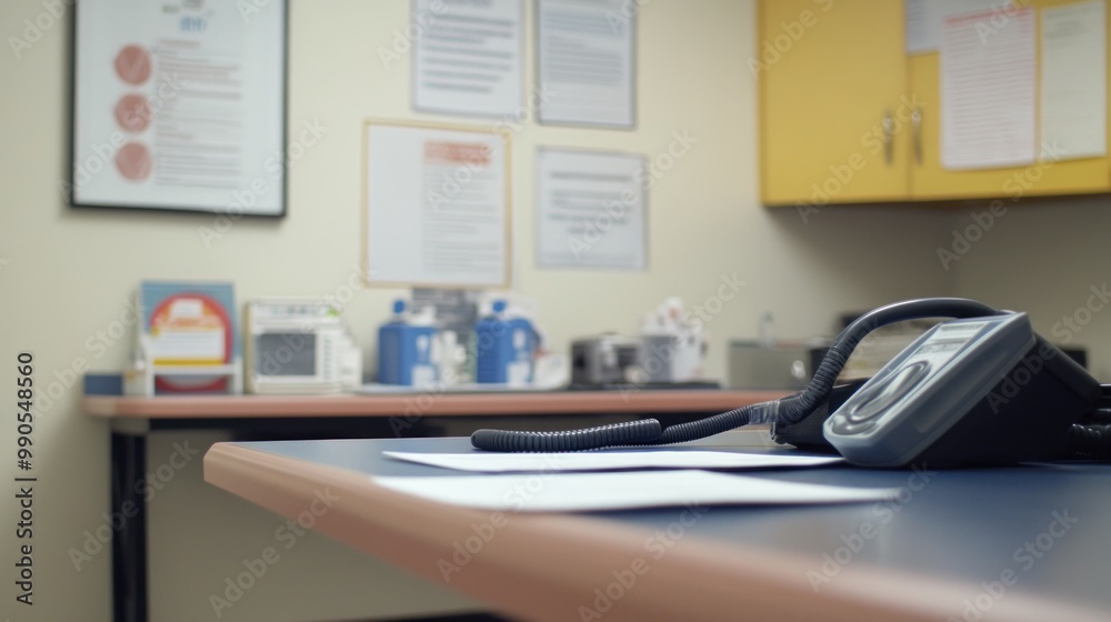 A medical office with a phone, paperwork, and equipment on a desk. A medical office with a phone, paperwork, and equipment on a desk.