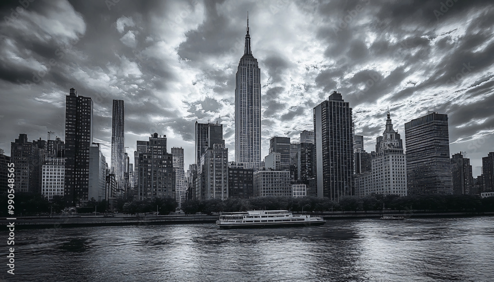Fototapeta premium A black-and-white photo of a famous city skyline or iconic landmark, evoking a timeless, classic look