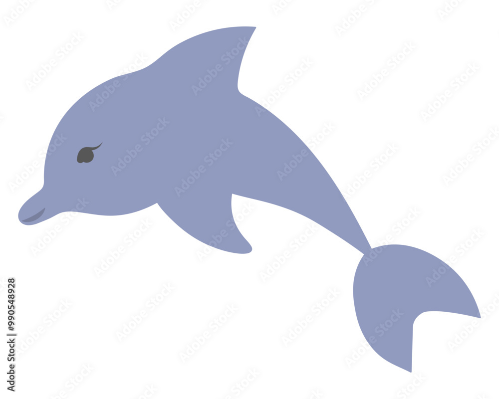 Fototapeta premium Dolphin emerges from water. Purple sea mammal. Color vector illustration. Isolated white background. Ocean inhabitant with fins and tail. Web design idea.
