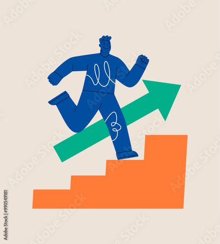 Man climbs the stairs. Concept of career growth or path to success.  Colorful vector illustration