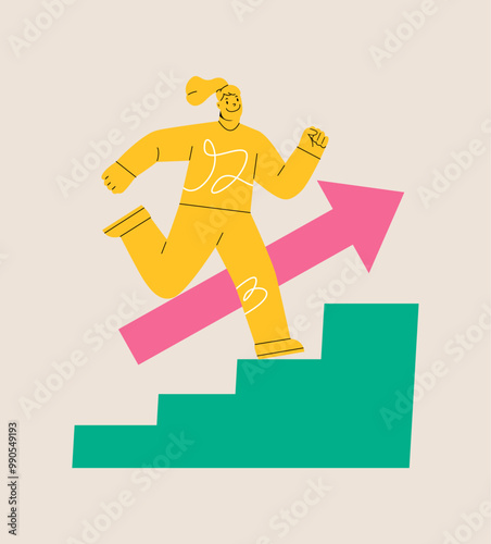 Woman climbs the stairs. Concept of career growth or path to success.  Colorful vector illustration