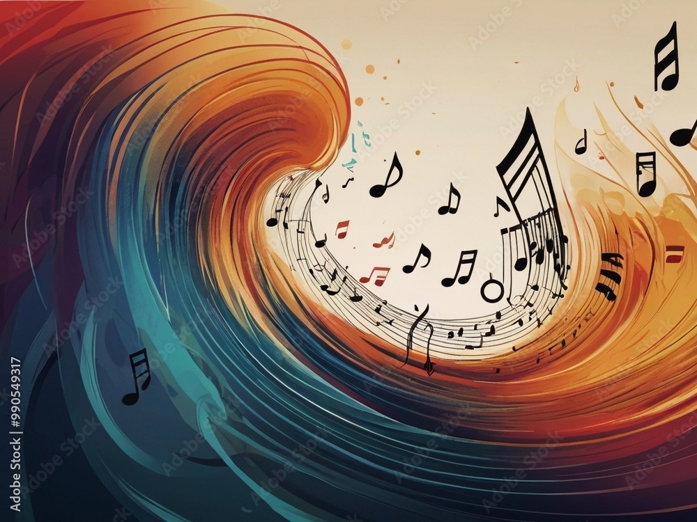 Obraz premium Colorful abstract swirl embracing music notes flying around