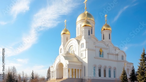 A breathtaking view of Nikolai Orthodox Church with golden domes under a clear blue sky, surrounded by lush greenery and vibrant flowers
