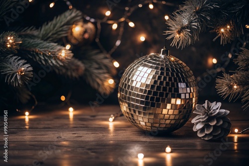 Retro christmas scene with disco ball and pine decor in y2k theme photo