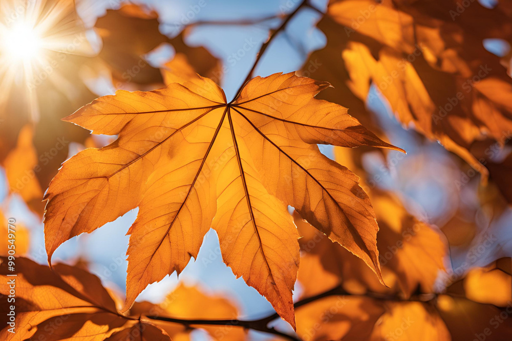 Close-up of Autumn Maple Leaf with Sunlight, Detailed view of a golden autumn maple leaf backlit by warm sunlight, highlighting its veins and texture Close-up of Autumn Maple Leaf with Sunlight, Detailed view of a golden autumn maple leaf backlit by warm sunlight, highlighting its veins and texture