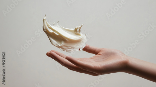 a hand with SPF cream on it on a white background. photo