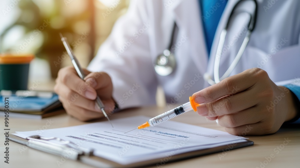 A medical professional preparing a syringe while reviewing documents. A medical professional preparing a syringe while reviewing documents.