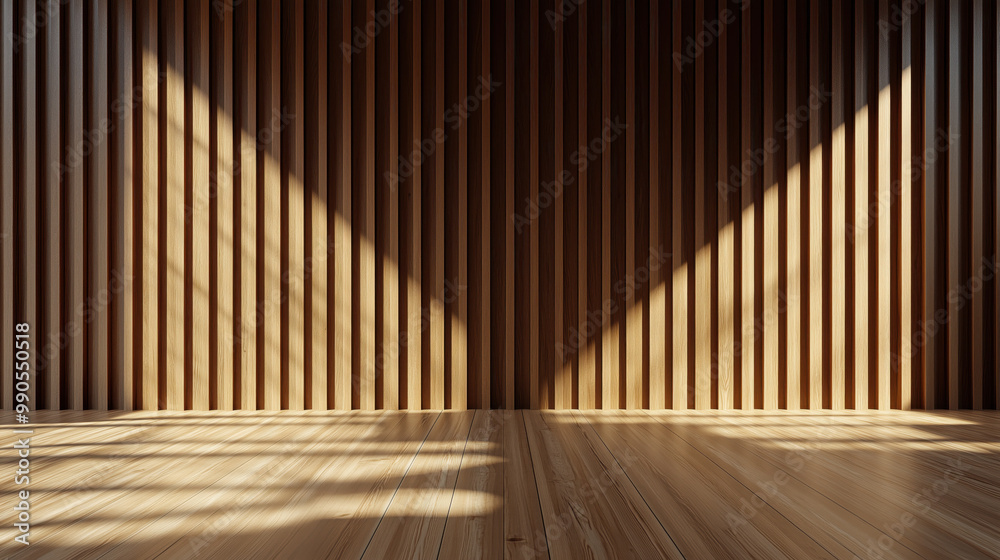 Naklejka premium 3d Wooden wall with textured panels and warm lighting creates cozy atmosphere