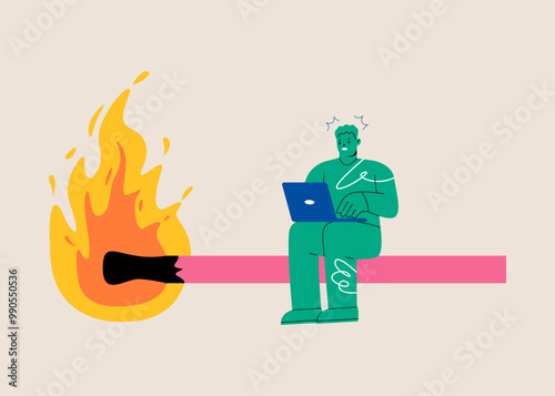 Man sitting worried on a burning match. Countdowns concept. Colorful vector illustration