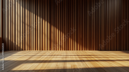 Fototapeta Naklejka Na Ścianę i Meble -  3d Warm wooden wall with sunlight casting shadows on floor
