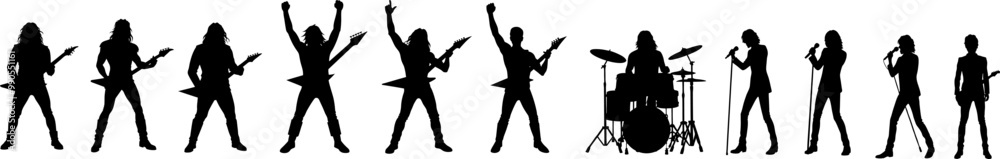 Set Metal und Rock Band mit 11 Vektor Silhouetten der Musiker mit E-Gitarren - Sänger - Drummer - Design Grafik Elemente Set Metal und Rock Band mit 11 Vektor Silhouetten der Musiker mit E-Gitarren - Sänger - Drummer - Design Grafik Elemente