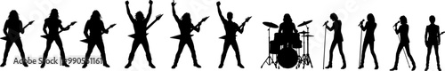 Set Metal und Rock Band  mit 11 Vektor Silhouetten der Musiker mit E-Gitarren - Sänger - Drummer - Design Grafik Elemente