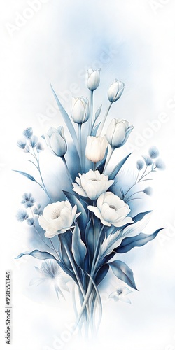 Elegant white flowers and tulips arrangement in a soft blue watercolor style