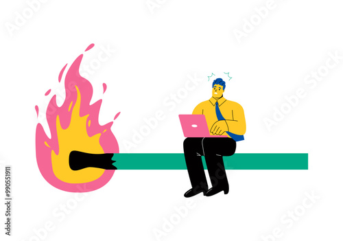 Business man sitting worried on a burning match. Countdowns concept. Flat vector illustration isolated on white background