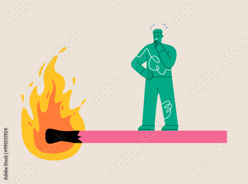 Man standing worried on burning matches. Countdowns concept. Colorful vector illustration