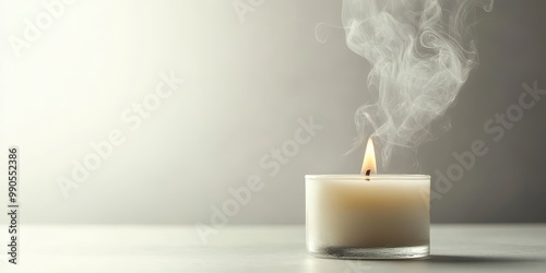 A lit candle emits a gentle flame and smoke in a serene setting, perfect for evoking calmness and relaxation. photo