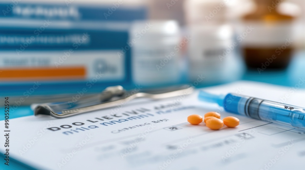 A medical setting with pills, a syringe, and prescription paperwork. A medical setting with pills, a syringe, and prescription paperwork.