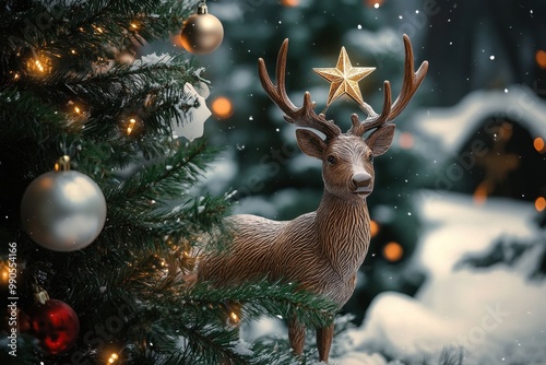 Reindeer Next to a Christmas Tree Amidst a Winter Forest: Snow-Covered Pines and Twinkling Lights Create a Holiday Atmosphere photo