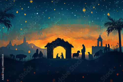 Mary and Joseph shelter baby Jesus in a stable  authentic Christmas 
