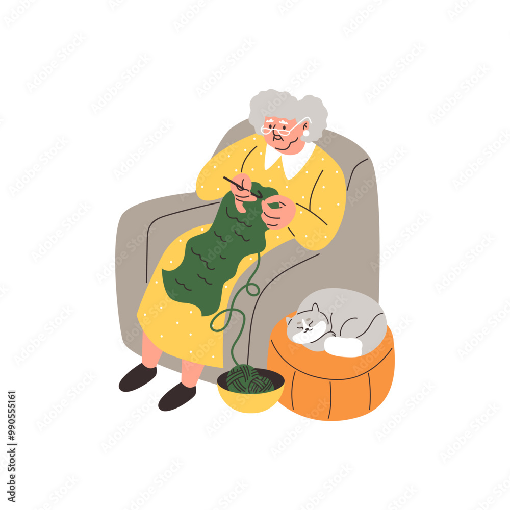 Elderly woman knitting in armchair with cute kitten sleeping on the ottoman nearby, vector cartoon senior owner with cat Elderly woman knitting in armchair with cute kitten sleeping on the ottoman nearby, vector cartoon senior owner with cat