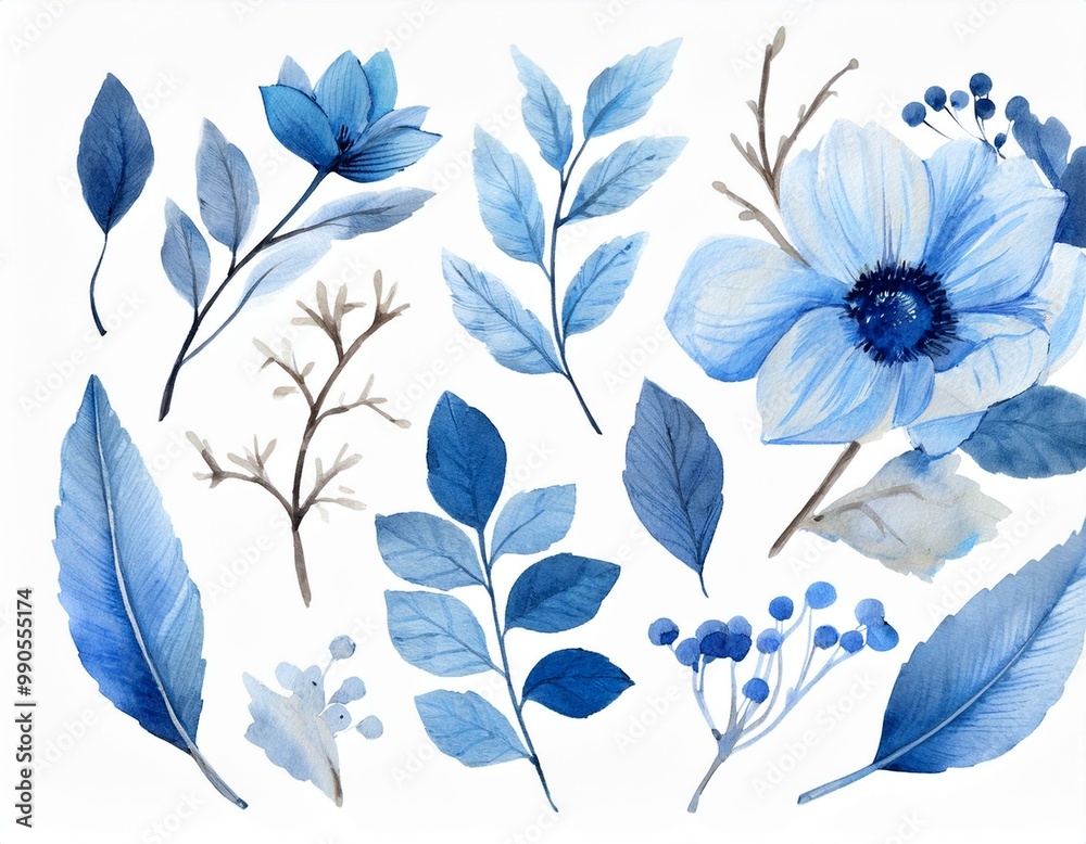 Indigo blue flower and leaf decoration with water color texture. Indigo blue flower and leaf decoration with water color texture.