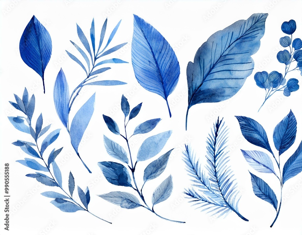 Obraz premium Indigo blue flower and leaf decoration with water color texture.