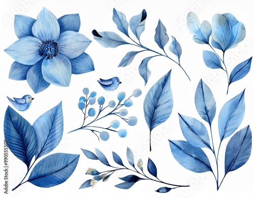 Indigo blue flower and leaf decoration with water color texture. 