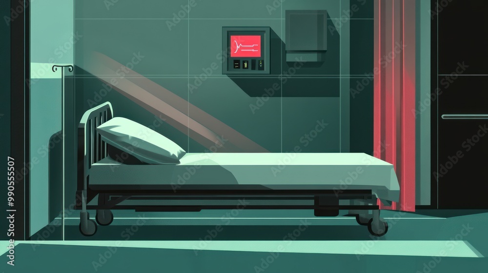 A minimalist hospital room featuring a bed and a medical monitor. A minimalist hospital room featuring a bed and a medical monitor.